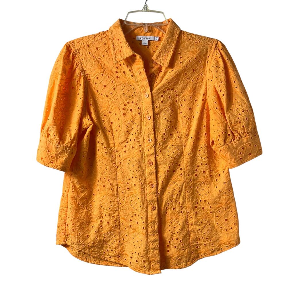 Chico's Orange Pineapple Eyelet Button Front Top … - image 2